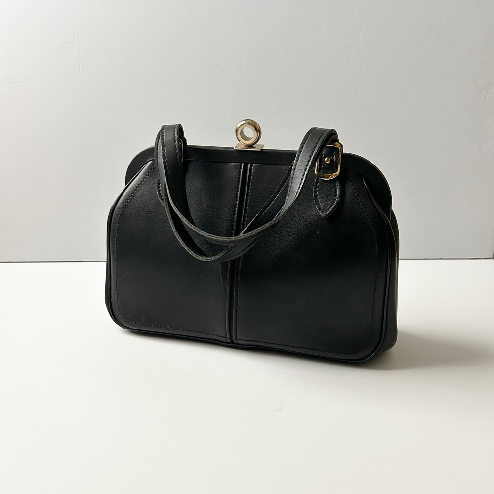 Vintage 1950s MCM Jaclyn Handbag Faux Leather Black Stamp Print Lining Kiss Lock